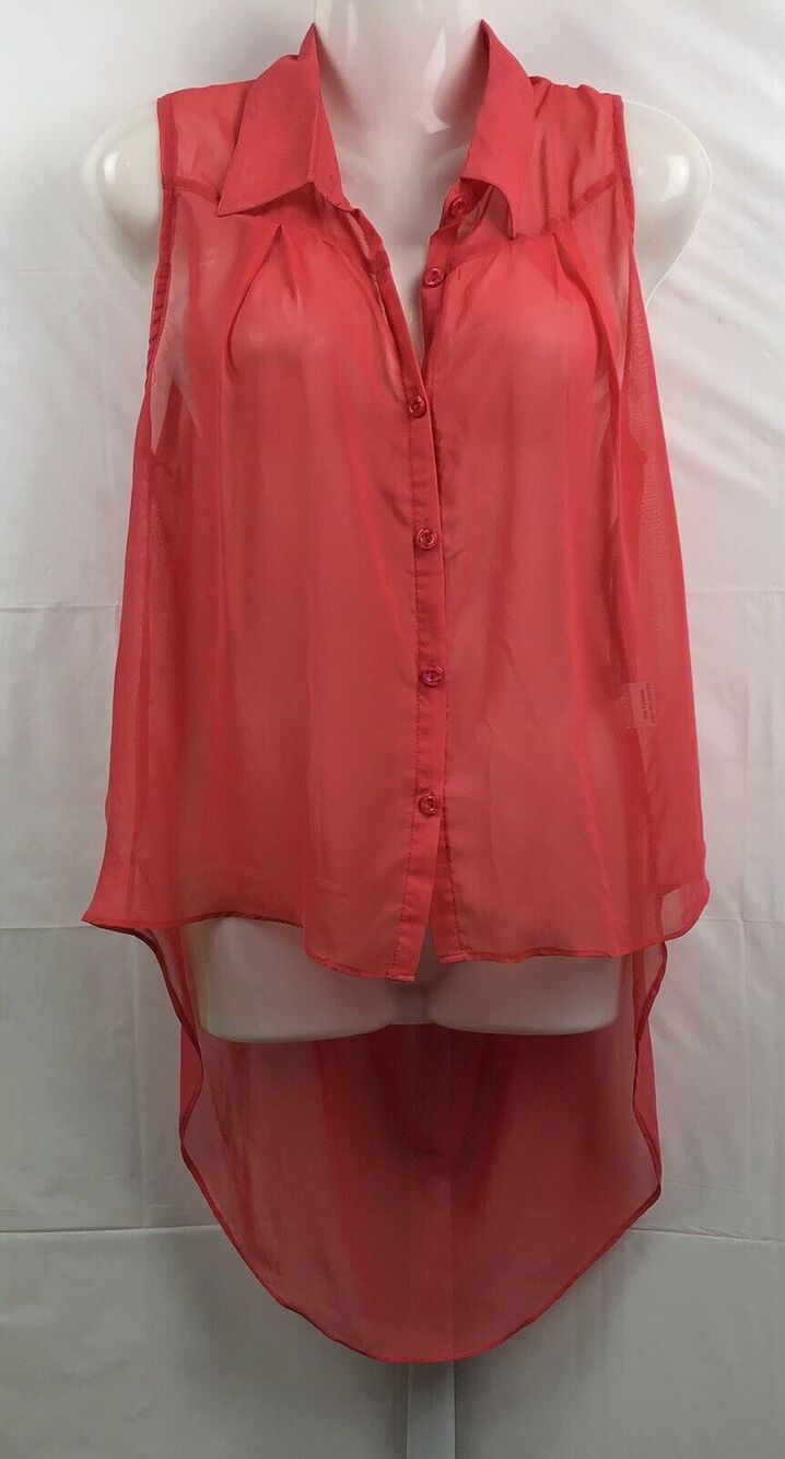 I.C.U. Top Women Large Coral Sheer Sleeveless Collared Open Back Button Front